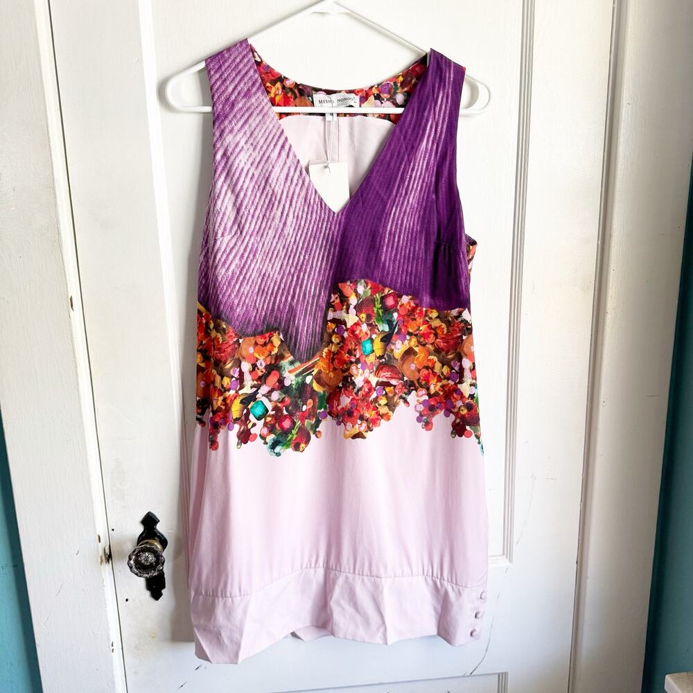 Misha Nonoo x Dustin Yellin 100% Silk Sleeveless Mini Dress Purple Design NWT 4
